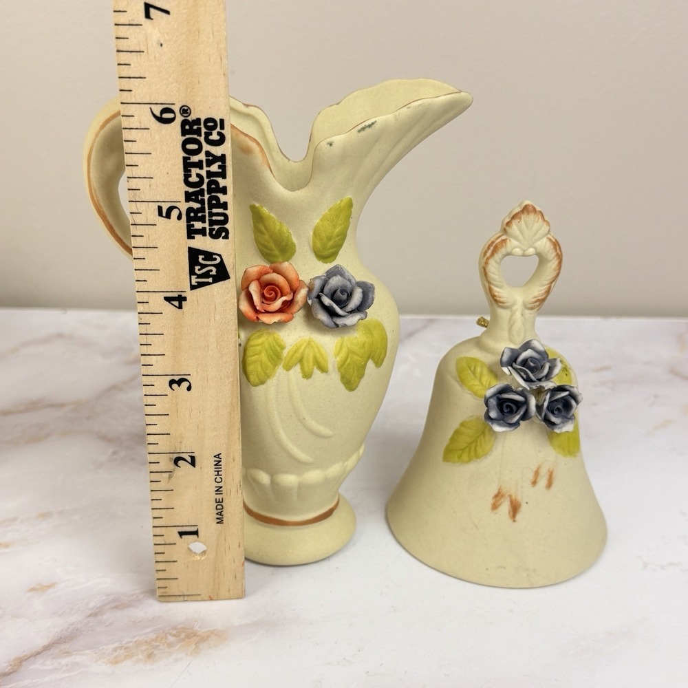 Flambro Porcelain Floral Pitcher Vase Bell Applied Roses Vintage Cottagecore Dec - Picture 7 of 10